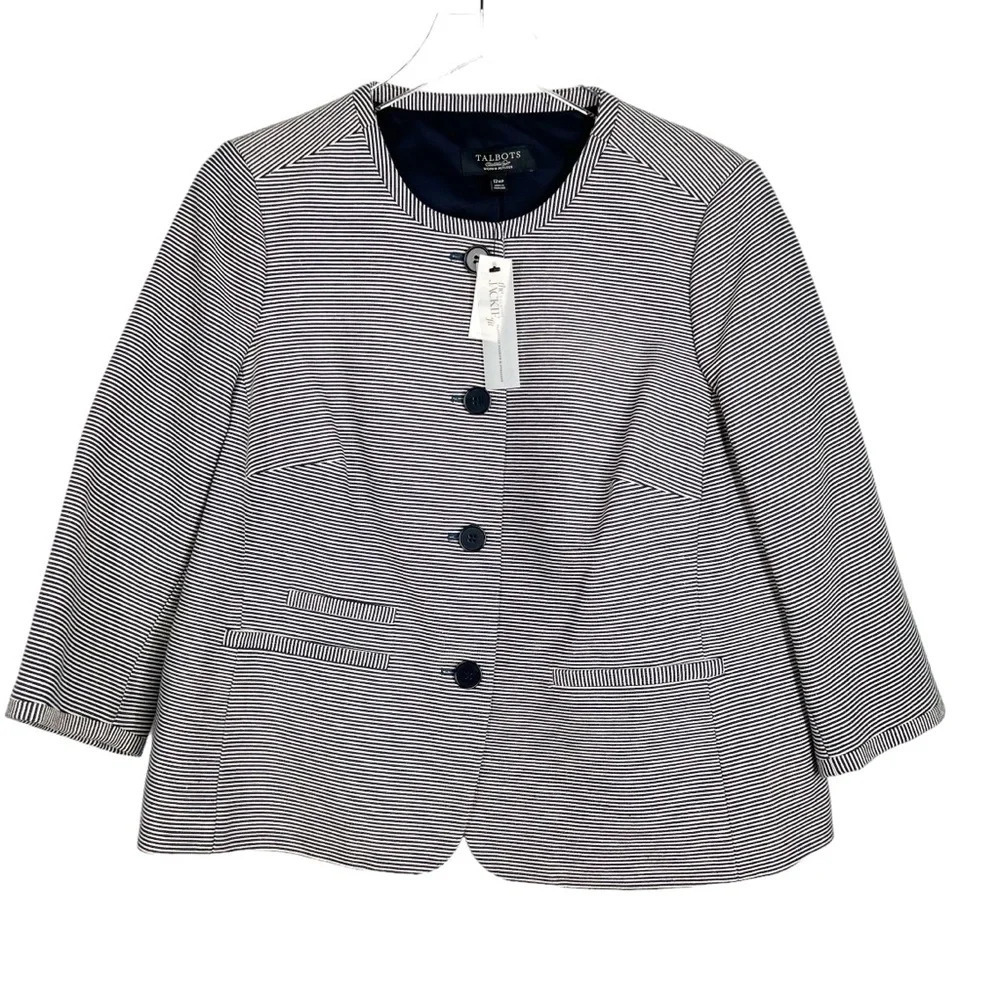 TALBOTS The Jackie Fit Navy/Linen Striped Button Down 4 button Blazer Size 12